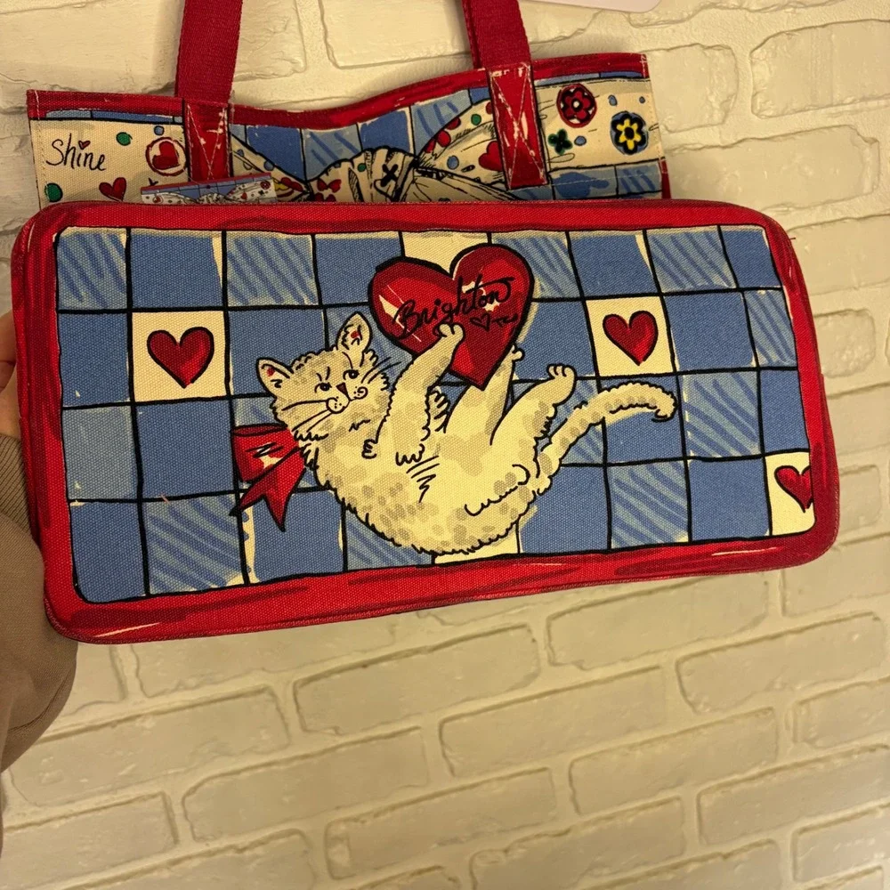 NWT‎ Brighton Sparkle Love Canvas Tote Bow Cherry Cat Print New MSRP $150